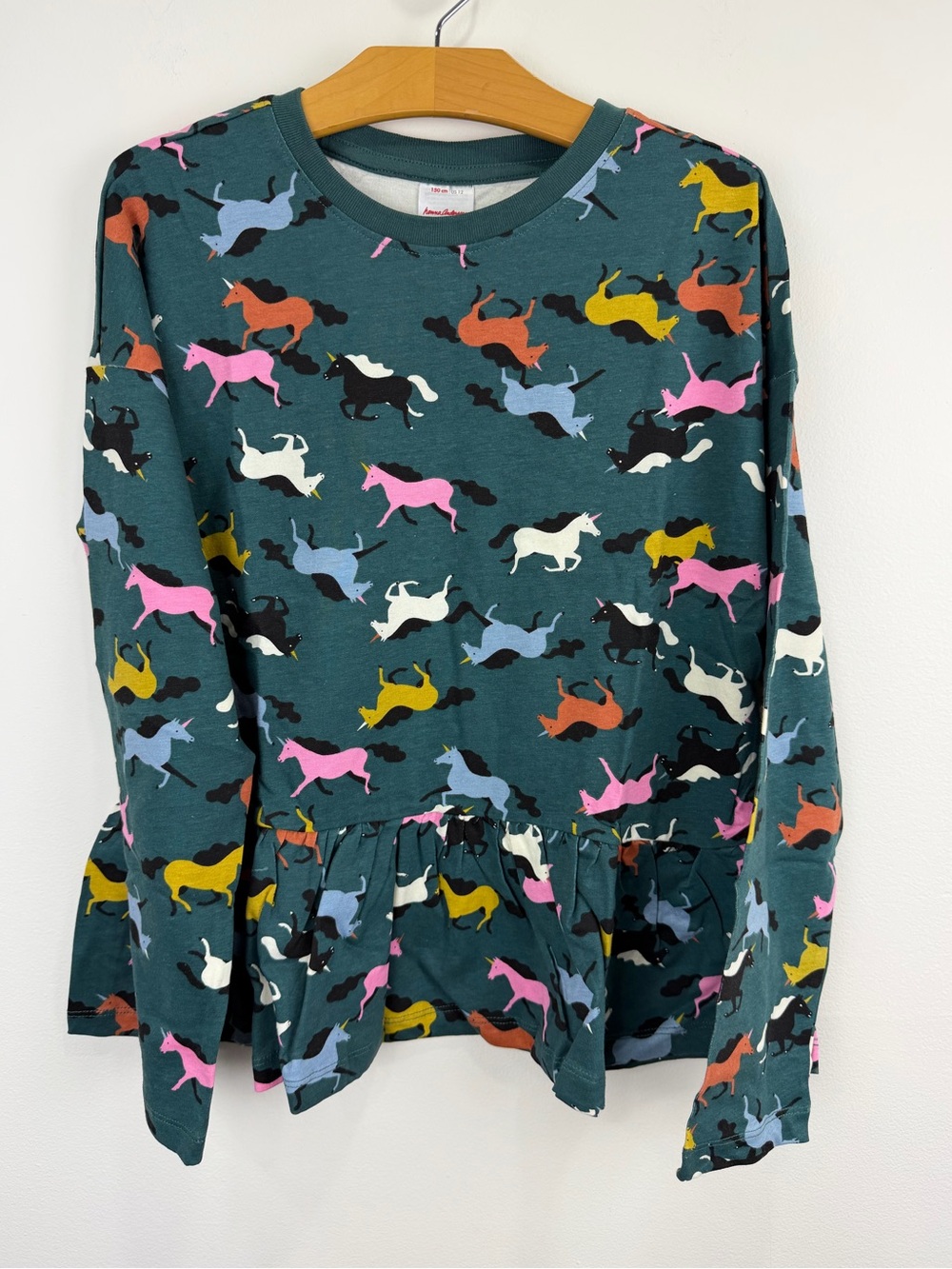 Hanna Andersson Girls Unicorn Peplum Top Green Cotton Size 12 NEW